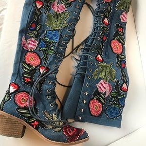 Tall Denim embroidered boots size 6.5
